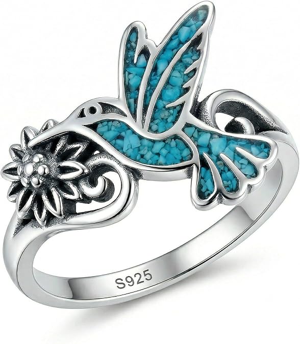 YAFEINI Turquoise Rings for Women Sterling Silver Hummingbird Ring Turquoise Filigree Bird Jewelry Hummingbird Gifts for Women