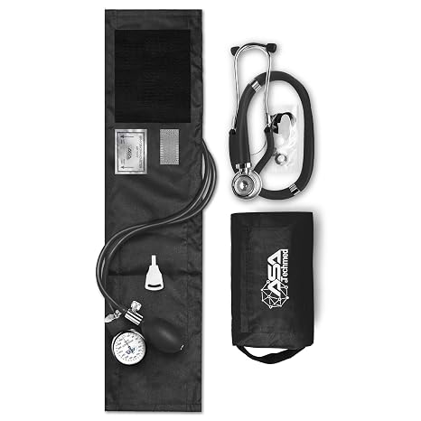 ASA TECHMED Dual Head Sprague Stethoscope and Sphygmomanometer Manual Blood Pressure Cuff Set with Case, Gift for Medical Students, Doctors, Nurses, EMT and Paramedics, Black