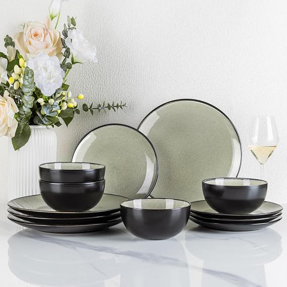 GBhome Stoneware Dinner Sets for 4 People, 12 Pieces Handcrafted Plates and Bowls Set, Scratch Resistant Dinnerware Set, Dishwasher & Microwave Safe Dishes, Sage Green