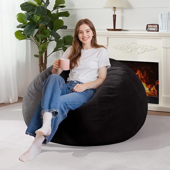 Homguava 3FT Bean Bag Chair for Adults,Teardrop Beanbag Chair with Handle | Big Bean Bag with Memory Foam Filled and Ultra Soft Corduroy Cover for Living Room, Bedroom(Black 3FT)