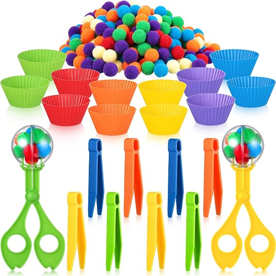 142 Pcs Kids Tweezers Fine Motor Sensory Bin Set, Bowls Tongs Plush Balls