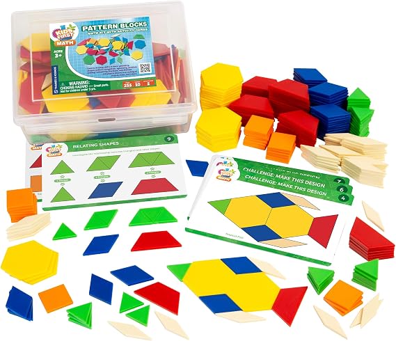 Kids First Math: Pattern Blocks Math Kit w/Activity Cards | 250 Colorful Plastic Geometric Blocks | Explore Geometry, Shapes, Division, Fractions & More | At-Home or Classroom Learning, Ages 3+