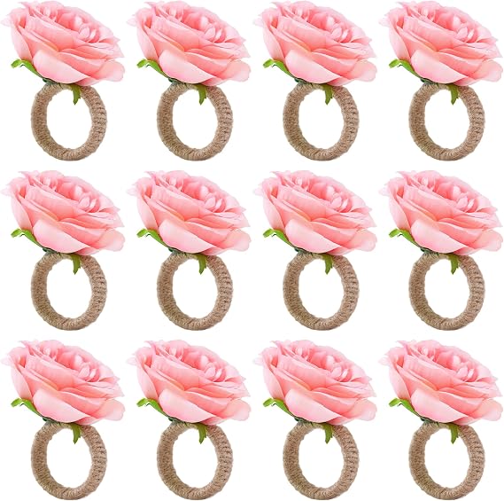 APTWOW Spring Flower Napkin Rings Set of 12 - Pink Floral Napkin Holder, Easter Napkin Rings for Wedding Birthday Party Banquet Spring Table Decor