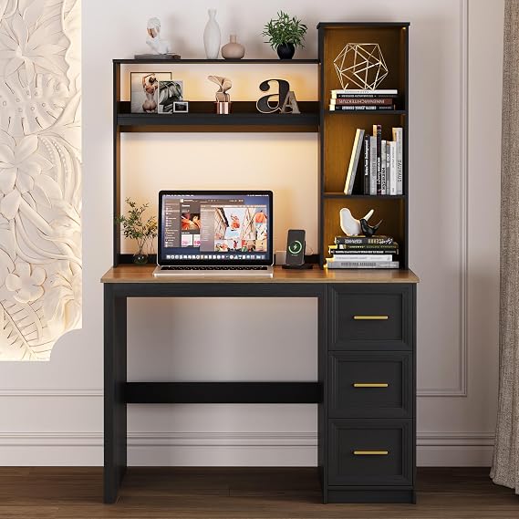 Study Desk with LED Lights and Smart Charging Station for study,Black