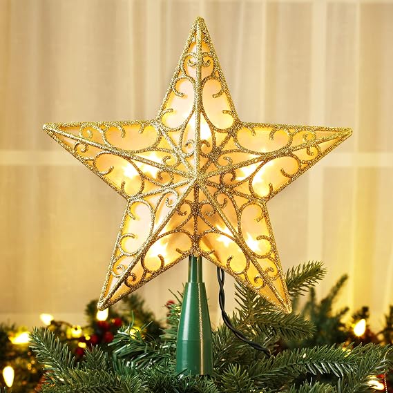 Brizled Gold Christmas Tree Topper, 9.5" 3D Xmas Tree Star with 10 Lights