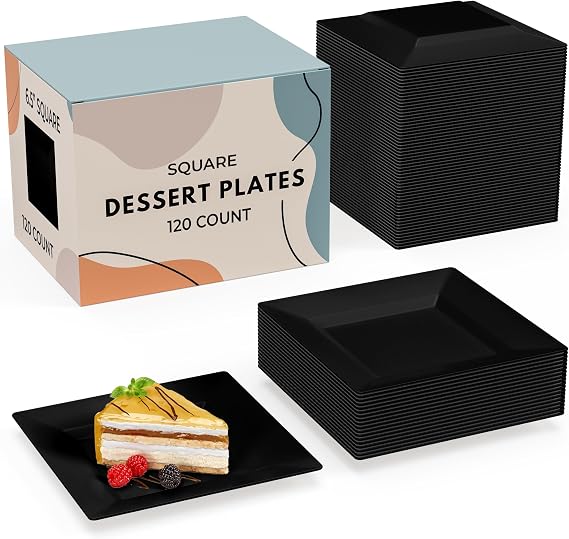 Exquisite Disposable Appetizer Plates - 120 Pack 6.5 In. x 6.5 In. Black Plastic Dessert Plates - Elegant Design for Weddings, Birthdays, and Formal Parties - Stackable and Convenient - BPA Free