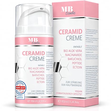 MB Cosmetics Ceramide Cream 100 ml with 3 Essential Ceramides Plus Organic Aloe Vera Bakuchiol and Organic Pomegranate Seed Oil - Vegan Face Care to Strengthen the Skin Barrier with Niacinamides and Ectoin