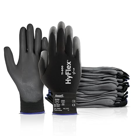 Ansell HyFlex 11-600 Black Light Duty Work Gloves, Size M, 12 Pairs | Black, Size 8 (M), unisex work gloves with PU coating & 15-gauge nylon liner, ideal for assembling, mounting, screwing