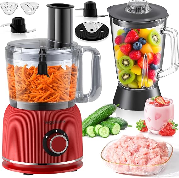1500W Food Processor and Blender Combo, 2.5L Food Chopper for Meat, Vegetable and Dough, 2L Glass Jar Blender with 2 Speeds and Pulse for Smoothie, Nutrient Extractions, and More