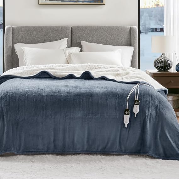 Degrees of Comfort Electric Heated Blanket Queen Size with Dual Control - Soft Flannel Heating Blankets with 6 Heat Settings, 10-Hour Auto Shut-Off, Overheat Protection, ETL Certified - 84x90'', Blue