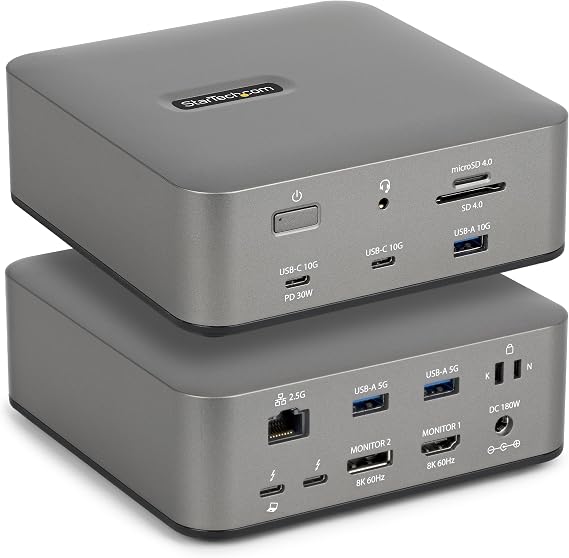 StarTech Thunderbolt 5 USB4 Dock, Dual 8K 60Hz, Triple 4K, 140W, 2.5GbE | Plug-and-play Windows 11 and macOS, Thunderbolt 5 Certified, Dual 6K on Mac, 120Gbps transfer, SD 4.0, 30W phone, USB 10Gbps