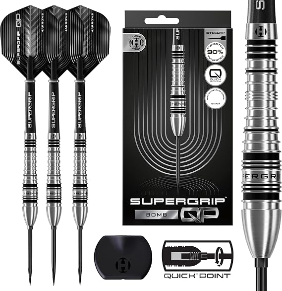 Harrows SuperGrip QP Bomb 90% Tungsten Darts Steeltip Darts Set with Quick Point Interchange System Available in 23g and 25g Includes Supergrip Shafts & 100 Micron Flights