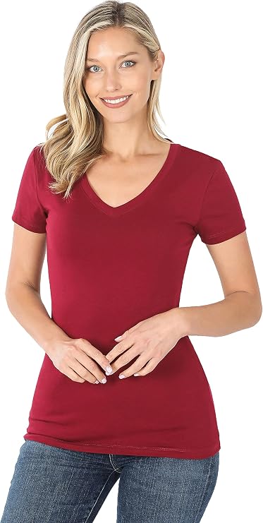 Zenana Basic Cotton V-Neck Short Sleeve Cabernet