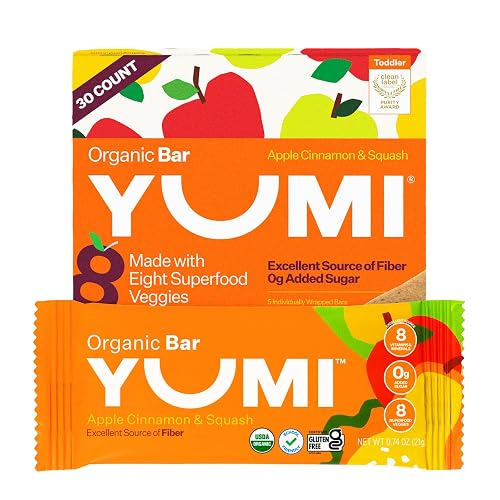 Yumi Organic Toddler Snacks Bars - Gluten-Free, No Added Sugar, 7 Vegetables, Soft-Baked Crust, Yumi Bars Healthy Toddler Organic Snacks - School Safe and for Lunch Boxes, Strawberry & Rhubarb 30ct.