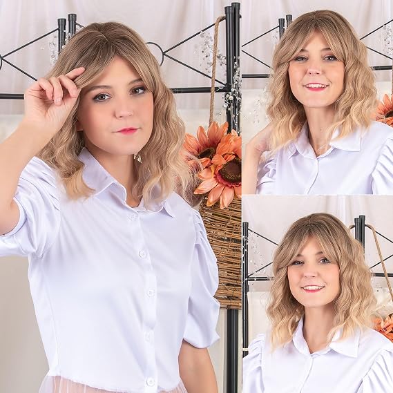 Short Wavy Wig with Bangs for Women,Ombre Blonde Shoulder Length Bob Curly Wig Natural Looking Brown to Blonde Synthetic Hair with Light Brown Roots for Daily Party Use