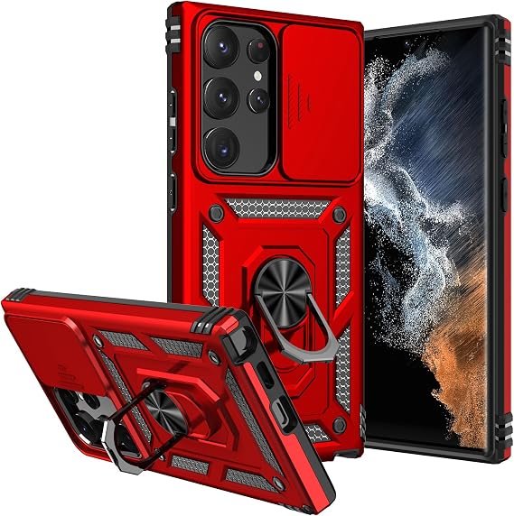 for Galaxy S23 Ultra Case,with Camera Cover,[Military Grade] 16ft.Drop Tested Cover with Magnetic Kickstand Protective Case for Galaxy S23 Ultra 6.8 inch, Red