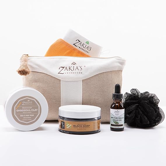 Moroccan Hammam Spa Rejuvenating Ritual Beauty Skincare Kit - 6 piece, Moroccan Black Soap with Argan Oil, Body Clay, Argan Oil, Pure & Natural, Purifying, Cleansing, exfoliating for every skin type.