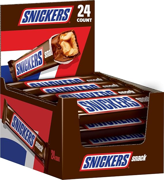 SNICKERS Milk Chocolate Snack Bar, 0.76 Oz, 24 Count Snacks Bulk | SNICKERS chocolate candy bars for on-the-go snacking, milk chocolate snack size candy bulk, midday treat, halloween candies