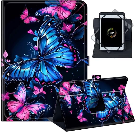Case for Walmart Onn 10.1 Tablet Gen 3 2022 Model 100071485,PU Leather 360 Degree Rotatable Kickstand Cover with Magnetic Closure for All 9" - 10.5" Tablet,Pink Blue Butterflies