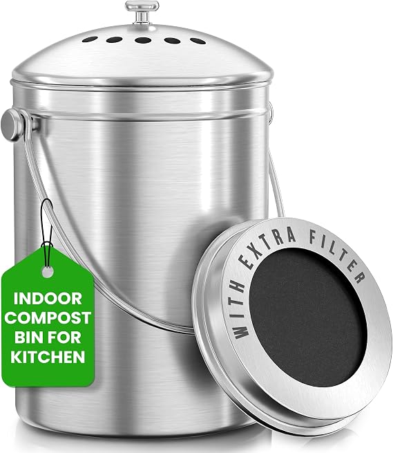 Utopia Kitchen Countertop Compost Bin 1 Gallon, Stainless Steel, Silver