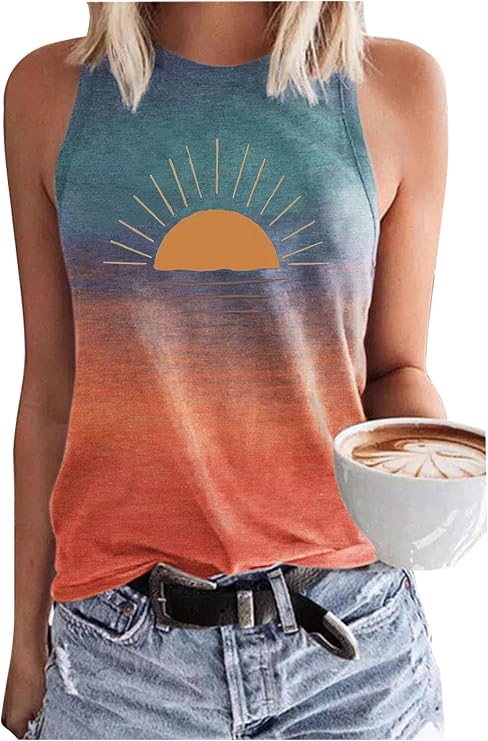 Sunrise Sunburn Sunset Repeat Tank Tops Women Sunshine Graphic Country Concert Tees Vest Summer Beach Vacation Cami Tops