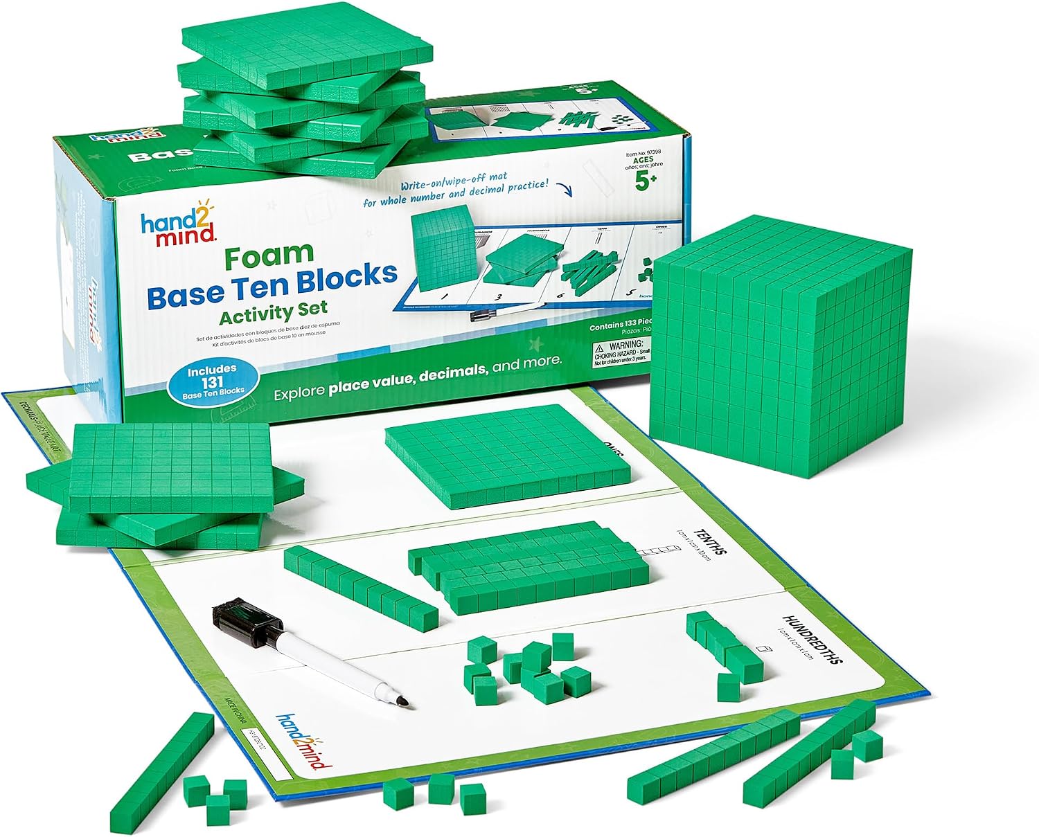 hand2mind Foam Base Ten Blocks Activity Set, Place Value Manipulatives, Base 10 Blocks for Math, Counting Cubes, Math Manipulatives 1st Grade, Small Group Classroom Must Haves 133 Pieces
