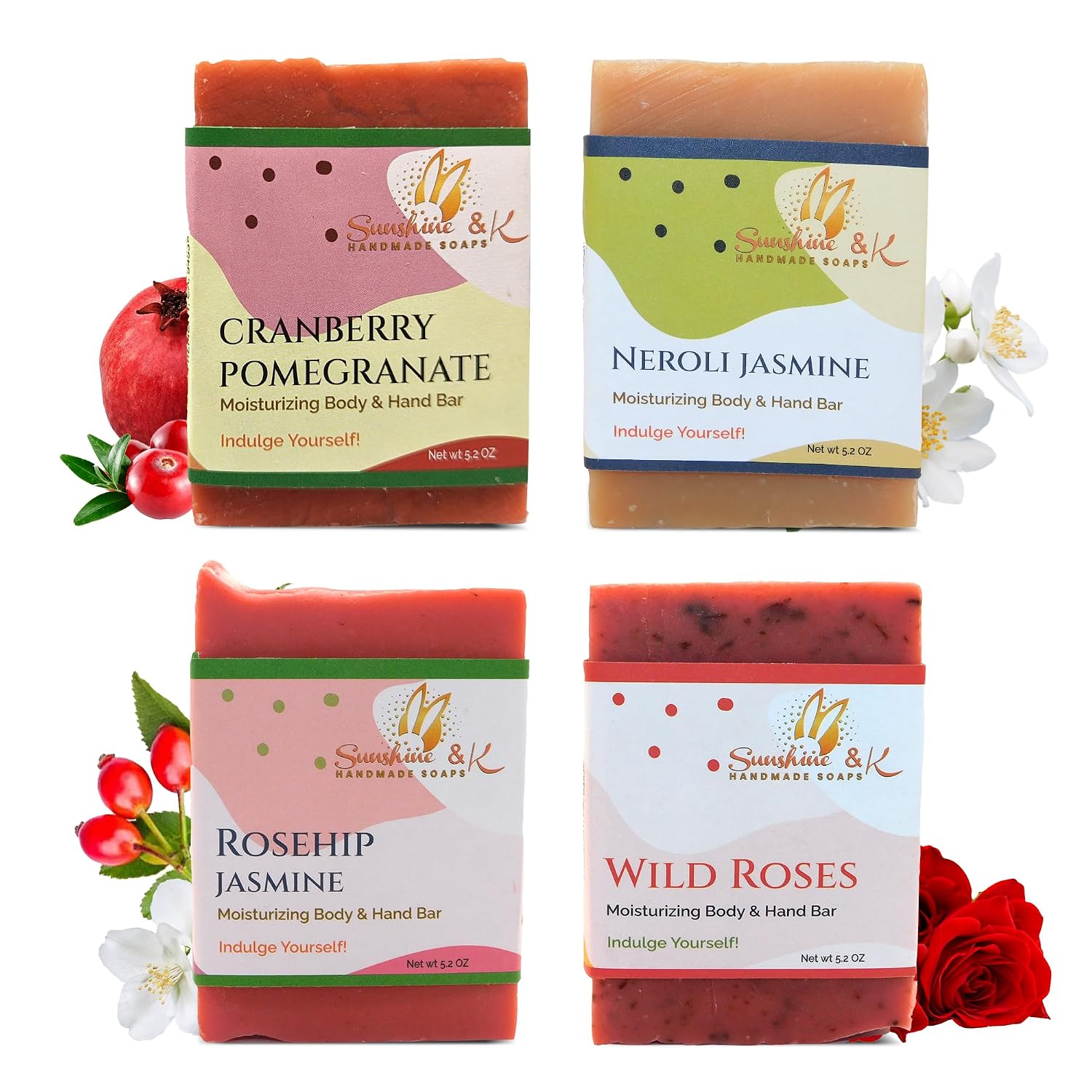 Sunshine & K Handmade Soaps - Body & Hand Soap Bar, Handmade Bath Soap, Moisturizing Bar Soap, Rosehip Jasmine, Neroli Jasmine, Wild Roses, Cranberry Pomegranate Soap Bars, 20 oz, 4-Scents Set