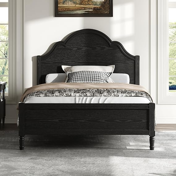 Vintage Full Size Bed Frame with Upholstered Button Tufted Headboard and Panel Footboard, Platform Bed for Bedroom, Living Room, No Box Spring Needed, Wood Slats Support, Easy Assembly (Black)
