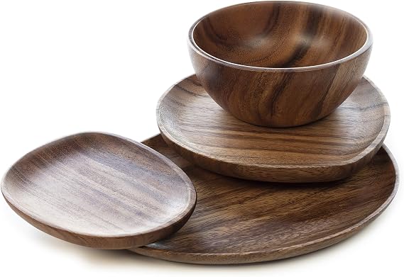 Foree Wooden Dinnerware Set 4-Piece Acacia Wood Tableware | Large, Medium, Small Plates & Salad Bowl | Handcrafted Solid Wood Serving Set