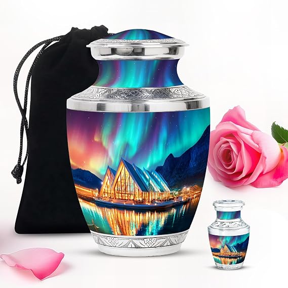 Northern Lights Urns for Human Ashes Adult Female and Male, Mini Urns for Human Ashes Keepsake Mom and Dad with Black Velvet Bag (Combo Pack of 1)