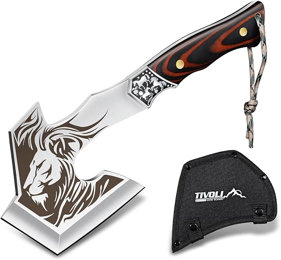 TIVOLI Camping Axe, Lion - Patterned Survival Hatchet with Nylon Sheath | High Carbon Steel Blade, Ergonomic Wood Grip, Nylon Sheath, Unique Pattern Design, for Hiking, Chopping, Hunting