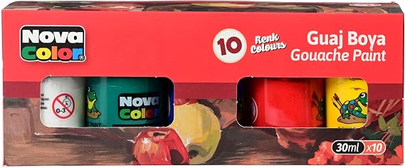 NOVA COLOR® Guaj Boyası, Boyut 30ml, 10'lu Şişe Seti, Çeşitli Renkler-KRPBNC-114