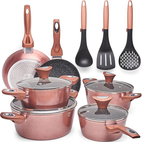 Pots and Pans Sets Non Stick - 15 Pcs Induction Cookware Sets - Induction Hob Pots Set with Lids - Saucepan Set and Frying Pans Nonstick - Kitchen Accessories - PFOS & PFOA Free