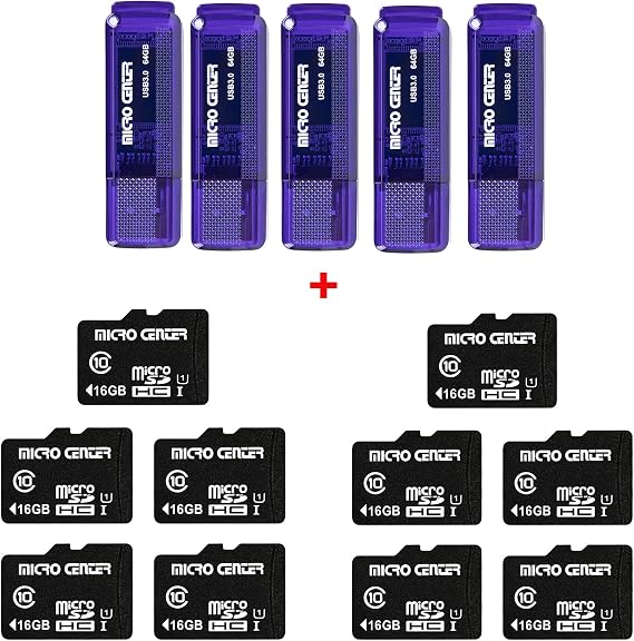 INLAND SuperSpeed 5 Pack 64GB USB 3.0 Flash Drive+10 Pack 16GB Class 10 Micro SDHC Flash Memory Card with Adapter