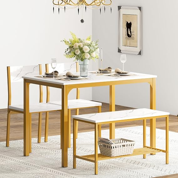 DlandHome Dining Table Set for 4 Kitchen Table Set Kitchen Table with Chairs Dining Room Sets Dining Table and Chairs Set,Rectangular Space-Saving Dinner Table with One Bench for Kitchen,Golden
