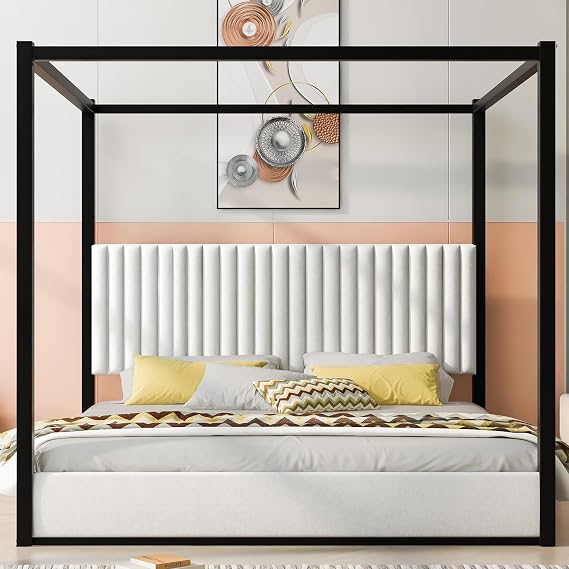GDFStudio King Size Canopy Bed Frame with Upholstered Headboard, Metal Frame Platform Design, Four Poster Metal Frame Bed, Romantic Bedroom Decor, Modern Bedroom Furniture, Black White