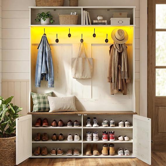 VASAGLE 5-in-1 Hall Tree with Bench and Shoe Storage, Adjustable LED Light