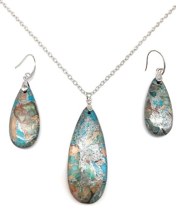 Teardrop Sea Sediment Imperial Jasper Natural Stone Gemstone Necklace Pendant & Drop Dangle Hook Earrings Jewelry Set For Women