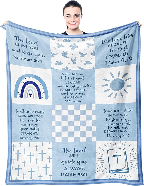 Baptism Gifts for Boys, Baptismal Gift Blanket 60"x50", Christian Present, Religious Bible Goddaughter/Godson Catholic Gift Ideas Throw Blankets, Baptism Favors Christening Gift for Boy