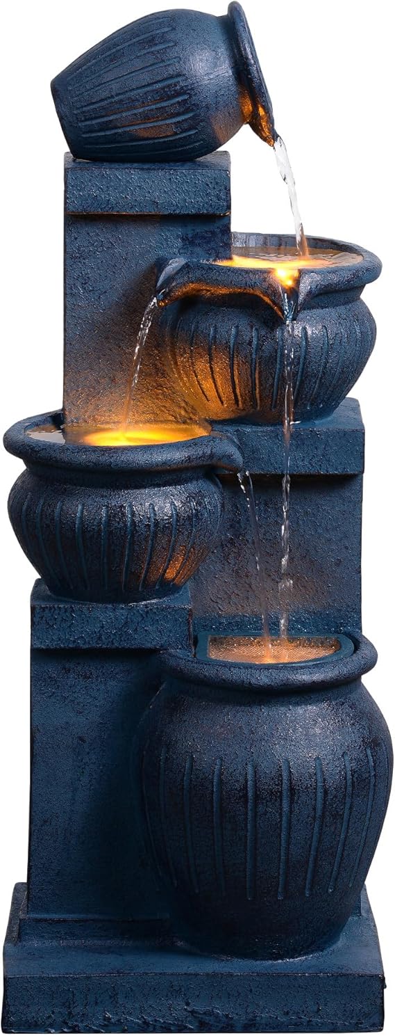 Teamson Home 72 cm Solar-Powered Outdoor Garden Fountain with Four Cascading Bowls, Integrated Led Lighting and Stone-Effect Finish, Navy