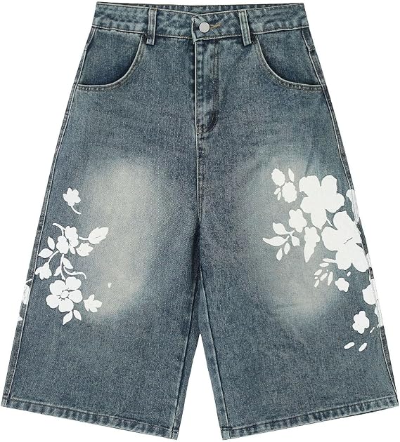 CUTEGAL Y2k Jorts Cropped Jeans Unisex Vintage Baggy Wide Leg Trousers Streetwear Mid Rise Graphic Capri Pants for Women