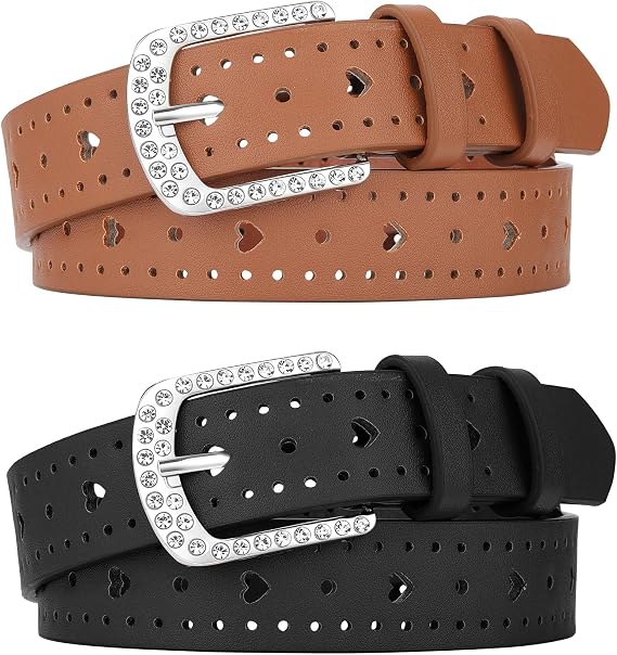 AWAYTR 2 Pcs Girls Leather Belt Rhinestone Buckle Western Heart Kids Belt