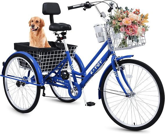 24/26 Inch Adult Tricycle, 3 Wheel Bikes for Adults, 7 Speed Beach Cruiser Bike Tricycle for Adults, Adult Tricycles for Women Men with Basket, Coffee Cup, Adjustable Seat