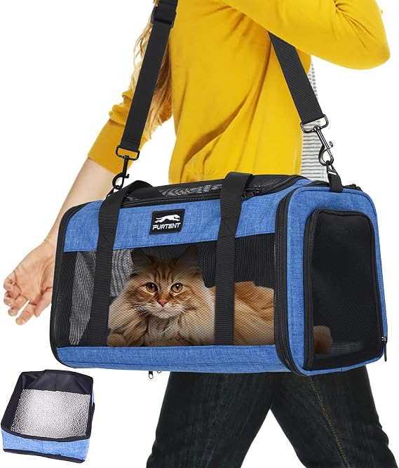 TSA Airline Approved Pet Carrier for Cats and Small Dogs - Soft Sided, Foldable, Cat Dog Carrier Fits Pets Up to 15 lbs - Ideal for Travel, Car Rides, and Vet Visits - Dark Blue