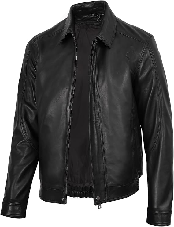 Decrum Bomber Leather Jacket Men Real Lambskin Casual Leather Jackets for Men with Zip Closure