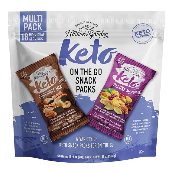 Natures Garden Keto On The Go Snack Packs Keto Choco Nut Mix, Keto Deluxe Mix, Mixed Nuts, Savory and Sweet Snacks, Keto-Friendly, Crunchy Snack 1 Oz Bags (18 Individual Servings)