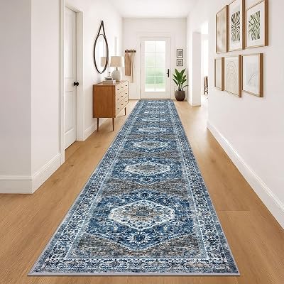 KOZYFLY Runners for Hallways 3x20 Ft Extra Long Washable Kitchen Thin Runner Rug Boho Runner Rug for Entryway Indoor Blue Printed Oriental Faux Wool Stair Floor Carpet Runner for Stair Kitchen Hall