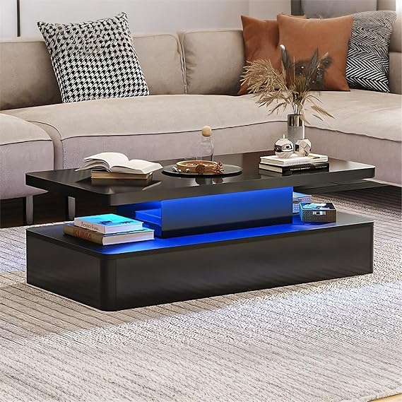 47" Modern Living Room Tables, LED Coffee Table with LED Lights, 2 Tier Rectangular Center Table with Large Storage, High Glossy Surface, Tea Table for Living Room, Black