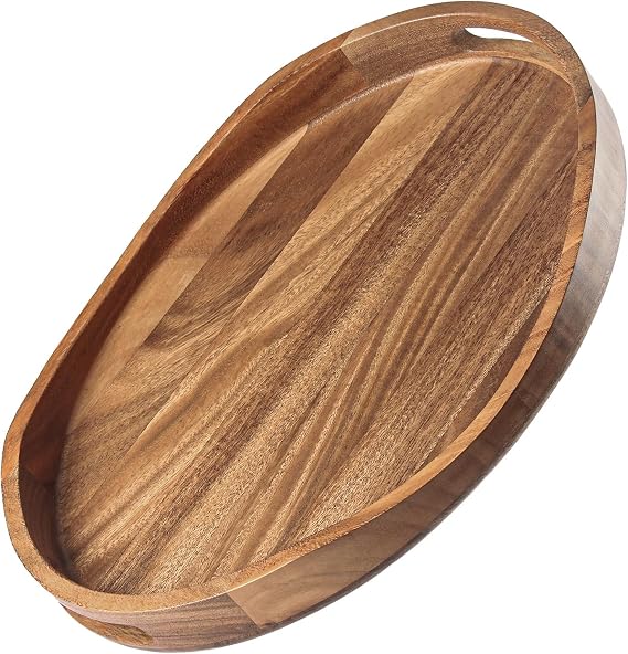 Acacia Wood Serving Tray with Handles - 17"x13" Round, Decorative Ottoman Tray for Living Room, Coffee Table, Breakfast in Bed, Candle Display