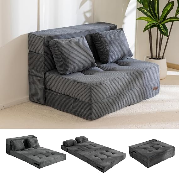 MAXYOYO Folding Foam Sofa Bed, Tri-Fold Mattress with 1 Pillow, Convertible Sofa Chair Futon Z Bed with 15cm Thincken Foam, Portable 3 in 1 Floor Couch